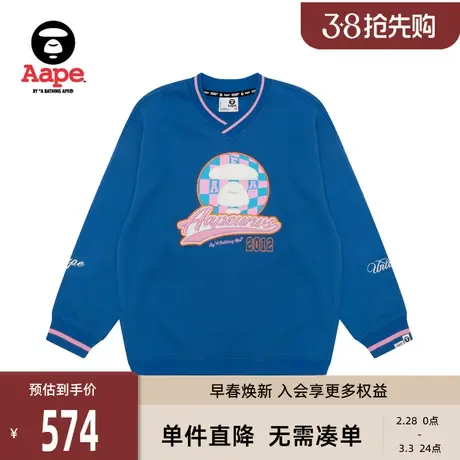 Aape旗舰店女装秋冬猿颜刺绣棋盘格印花美式V领薄绒卫衣A382XXL商品大图