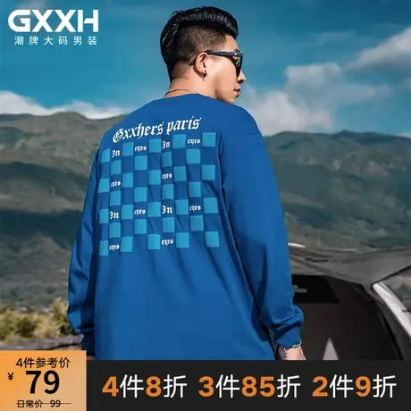 GxxH新款潮牌大码男装长袖T恤加肥加大胖子棋盘格发泡印花T恤秋季商品大图