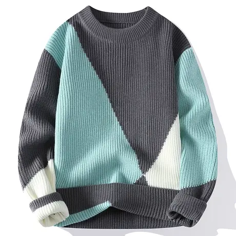 圆领毛衣男士秋冬季加绒加厚潮流百搭拼色套头毛线衣服针织打底衫商品大图