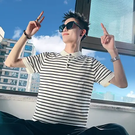 短袖POLO衫男夏季新款ins韩版修身休闲小众条纹翻领半袖针织T恤衫商品大图