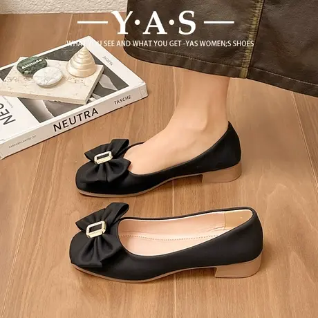 法式晚风单鞋女粗跟软底2024新款夏季百搭蝴蝶结浅口温柔风豆豆鞋商品大图