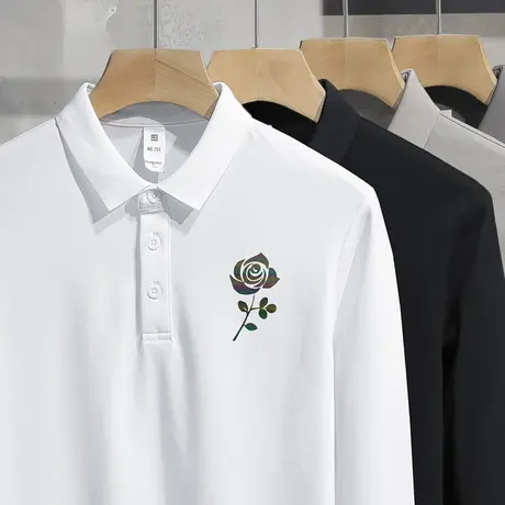 丝光珠地棉polo衫男长袖翻领t恤保罗潮流印花白色打底衫有领体恤商品大图