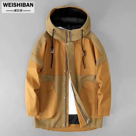 2022秋冬季撞色拼接中长款风衣男外套潮流阔版宽松工装连帽夹克男商品大图