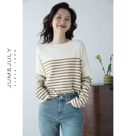 嘉茱莉2023早秋新款撞色条纹针织衫女落肩薄款长袖毛衣宽松外搭图片