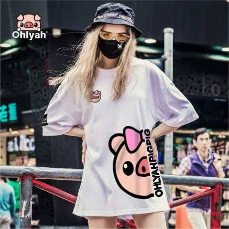 Ohlyah品牌 小猪米罗 全棉短袖 t恤女宽松国潮港风大码闺蜜姐妹装图片