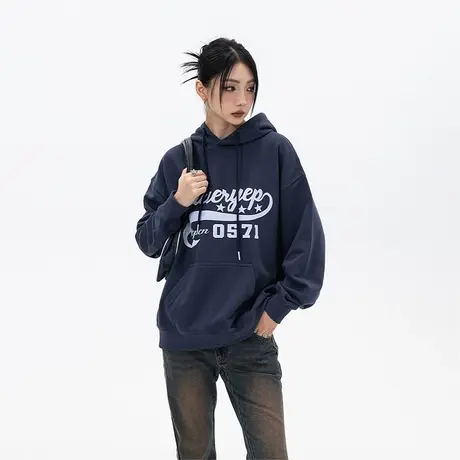 美式慵懒chic连帽卫衣女春秋2023年新款复古宽松oversize潮牌上衣商品大图