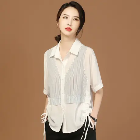 韩潮袭人高级感条纹拼接短袖衬衣2023夏季新款女士衬衫设计感小众商品大图