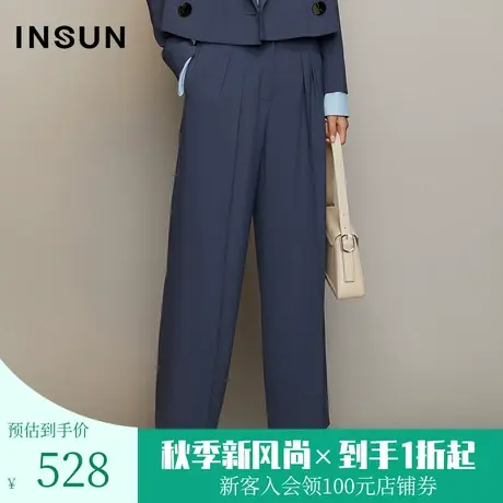 恩裳春秋季设计师联名款都市摩登垂感蓝色阔腿西裤长裤女图片