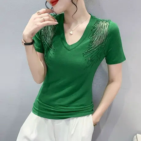 欧货网纱烫钻T恤女短袖2023年新款性感V领漂亮小衫洋气时髦上衣潮商品大图