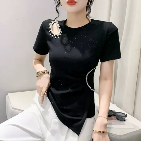 设计感不规则T恤女短袖个性网红夏装ins时尚镂空上衣收腰开叉小衫商品大图