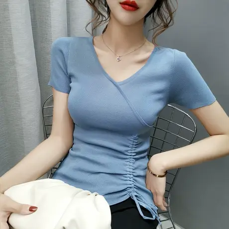 冰丝针织衫女v领抽绳修身打底衫女短袖t恤洋气ins潮女士短款上衣商品大图