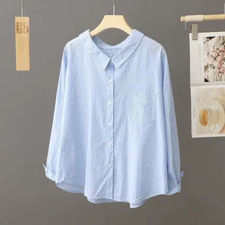 蓝色条纹衬衫女式纯棉休闲款宽松衬衣打底衫设计感小众上衣春秋季商品大图