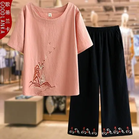 中老年妈妈夏装短袖套装洋气绣花上衣大码女纯棉七分阔脚裤两件套商品大图