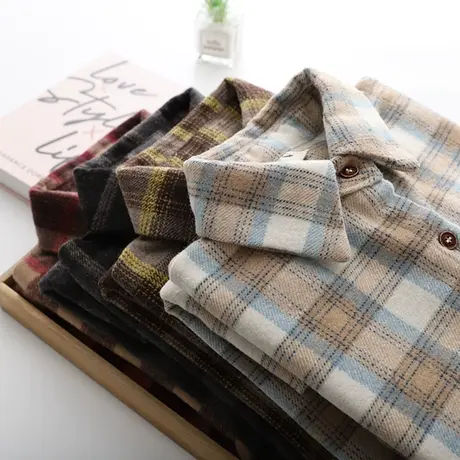 港味韩版宽松加厚磨毛格子衬衣女2020秋冬外套复古毛呢上衣女衬衫商品大图