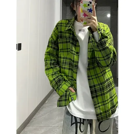 格子衬衫女春秋宽松韩版设计感小众法式别致长袖上衣美式复古外套图片
