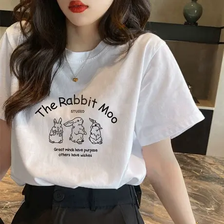 2023年夏季新款纯棉正肩白色短袖t恤女宽松显瘦韩版圆领半袖上衣图片