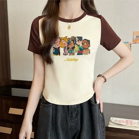 正肩t恤小个子插肩袖短袖女夏季2023新款修身短款印花撞色上衣潮图片