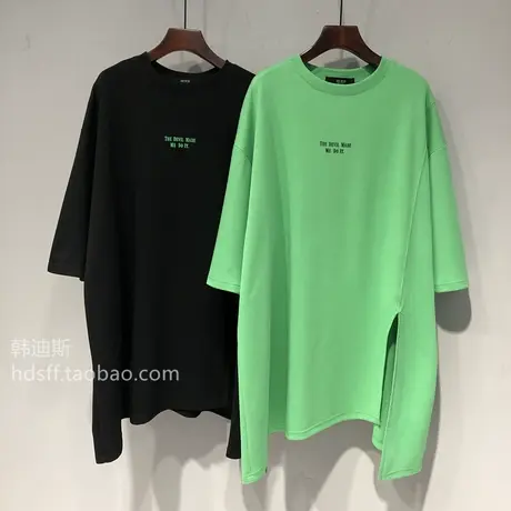 2023春夏 韩国ulzzang新款宽松中长款下摆斜边不对称开叉T恤女潮图片