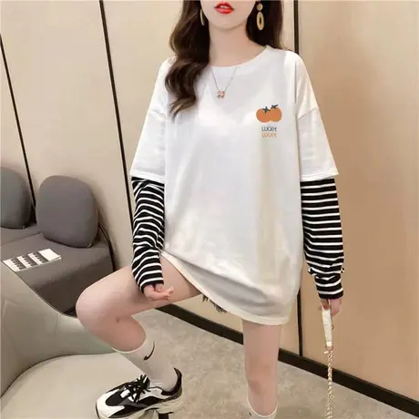 条纹打底衫女内搭秋冬洋气圆领宽松显瘦百搭长袖t恤休闲外穿上衣商品大图