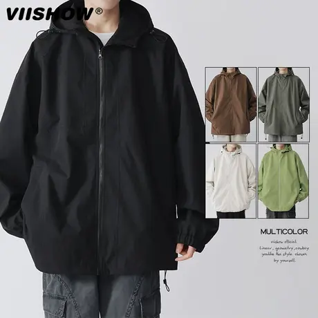 VIISHOW冲锋夹克男士2023年秋季潮流防风工装夹克纯色连帽外套男商品大图