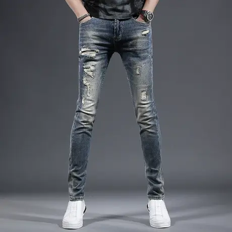 美式高街修身牛仔裤男款破洞补丁复古蓝色潮牌高端男士裤子小脚裤商品大图