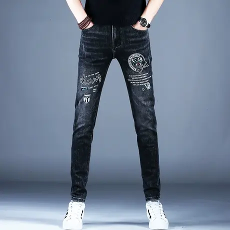 2023新款高端印花牛仔裤男款潮牌休闲裤秋季美式高街裤子修身小脚商品大图