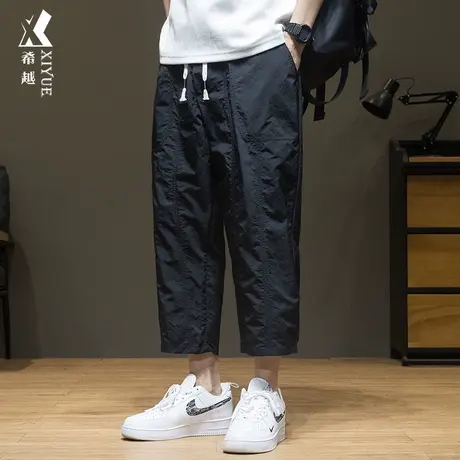 希越2023新款休闲裤男秋冬速干黑色拼接宽松大码胖子潮牌八分裤子商品大图