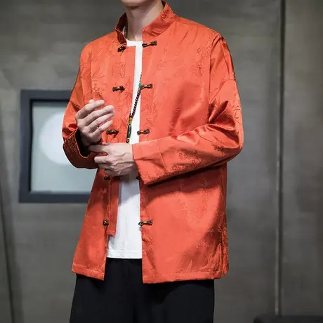 2023秋冬男衣服中国风男装中式复古冰丝橙色唐装汉服夹克桔色外套商品大图