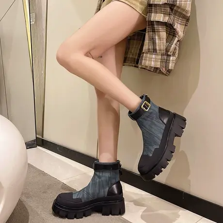 短靴马丁靴女2023秋季粗跟潮流网红西部高级感皮带扣瘦瘦靴显腿长图片