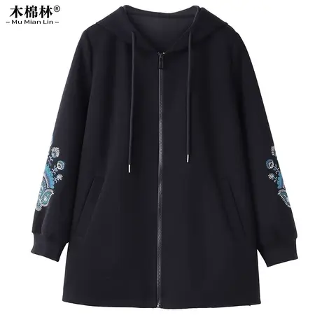 胖mm加肥加大休闲连帽外套春秋新时髦遮肉显瘦妈妈中长款拉链上衣商品大图