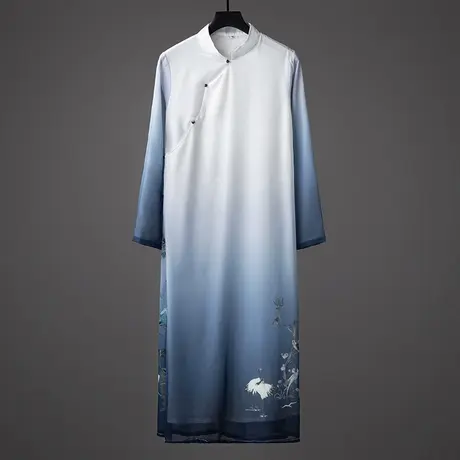 秋季冰丝汉服国风复古民国雪纺印花民族风长衫男古风斜襟飘逸长袍图片