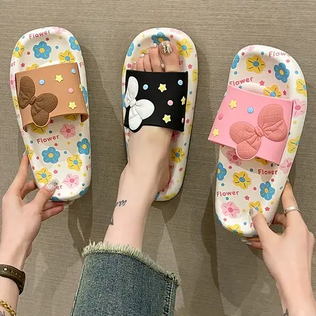 可爱花朵蝴蝶结一字拖女夏季外穿软底防滑浴室洗澡室内家用凉拖鞋商品大图
