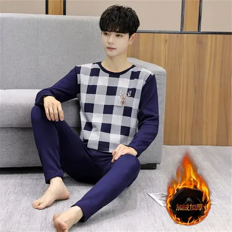 男士保暖内衣套装加绒加厚格子秋衣秋裤青少年打底衫冬装帅气男装图片