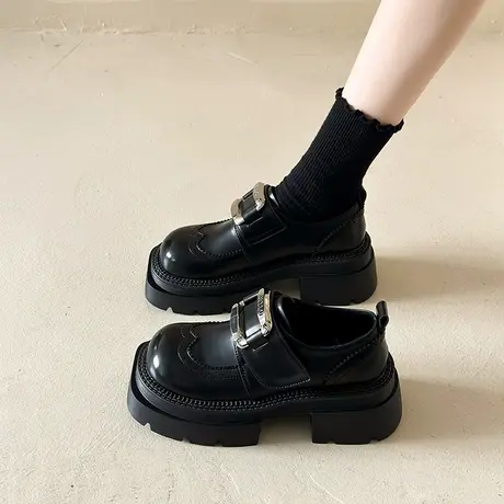赫本风小皮鞋女2024新款鞋子春秋厚底真皮乐福鞋方头黑色单鞋法式图片