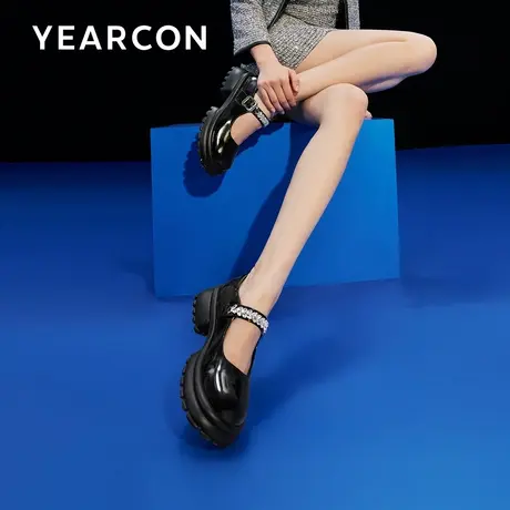 意尔康日系厚底增高单鞋女2024春新款乐福鞋水钻一字带玛丽珍鞋女图片