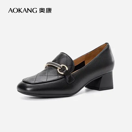 【官方直营】奥康女鞋2022秋新款真皮乐福鞋黑色一脚蹬粗跟工作鞋图片