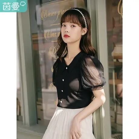 茵曼梨涡|复古文艺2022夏装新款网纱泡泡袖珍珠扣装饰针织T恤上衣商品大图