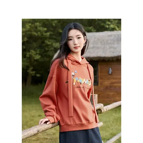 复古迷彩毛巾绣花连帽卫衣2023秋女装新款小落肩宽松显瘦上衣图片