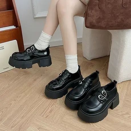 厚底圆头乐福鞋女2024年春秋季新款黑色粗跟单鞋配裙子jk小皮鞋潮图片