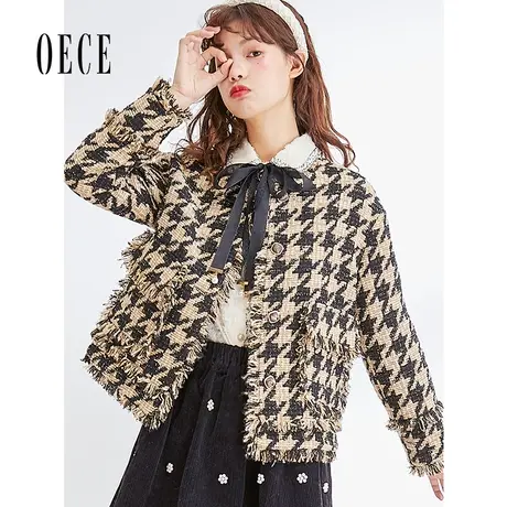 【买1送1】Oece冬新款女香风复古格子呢子大衣粗花呢短款外套图片