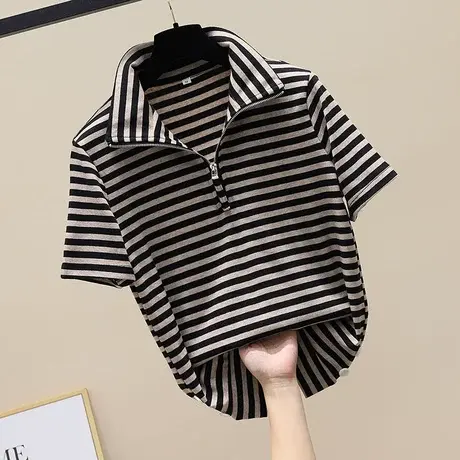 2023春夏新款宽松百搭个性条纹立领中袖T恤女韩版时尚洋气打底衫商品大图
