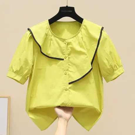 甜美圆领荷叶边衬衫女2023夏季新款ins设计感小心机短袖衬衣上衣商品大图