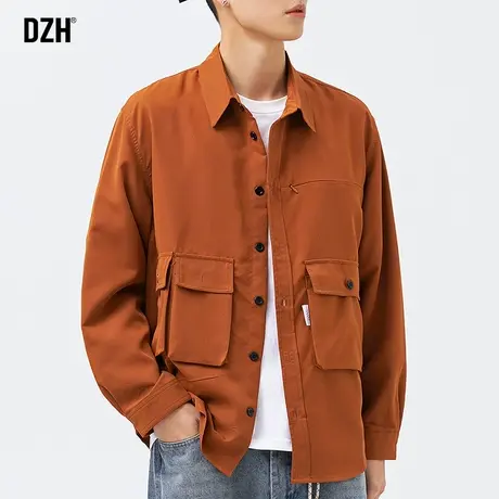 男士休闲橘色工装衬衫男长袖宽松2023新款秋季多口袋外套衬衣内搭商品大图