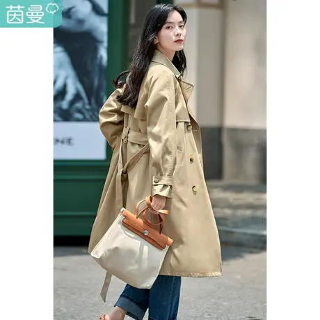 茵曼2023春女装新款通勤收腰系带双排扣翻领插肩袖中长款风衣外套图片