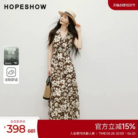 红袖2025夏季新款女装【流光花语】系带收腰V领套头无袖连衣裙图片