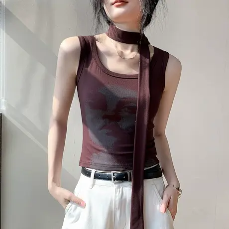 美式复古风围脖吊带无袖背心女修身显瘦洋气内搭印花小众别致上衣商品大图