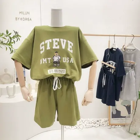 夏季时尚运动休闲套装复古字母短袖T恤阔腿短裤宽松两件套潮大码商品大图