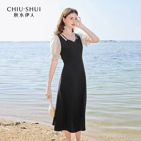 【悟空粉丝专享】秋水伊人赫本显瘦小黑裙夏女复古方领收腰连衣裙商品大图