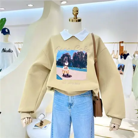 卡通绣花拼接2023春秋搞怪兔子宽松显瘦Polo领套头卫衣女短款时尚商品大图