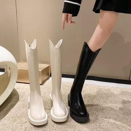 v口不过膝长筒靴女2022年新款夏季小个子厚底高筒骑士靴显瘦长靴图片